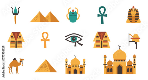 Ancient egyptian symbols and landmarks in flat design style