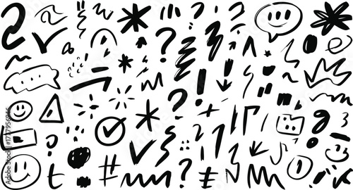 Collection of hand drawn doodle icons and symbols featuring checkmarks question marks smiles and abstract shapes