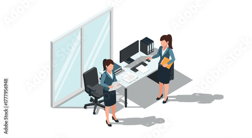 Isometric business office scene with two professional women in formal attire