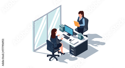 Colleagues collaborating in modern office with computer and desk setup in isometric style