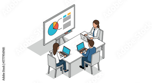 Isometric office meeting teamwork with laptops and presentations in a modern workspace