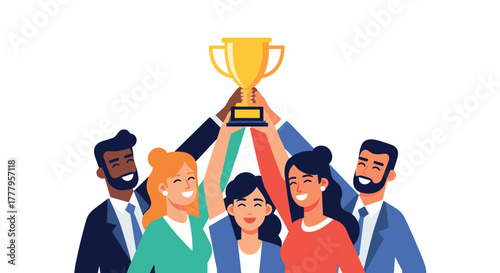 Diverse team celebrating success with trophy in collaborative achievement scene