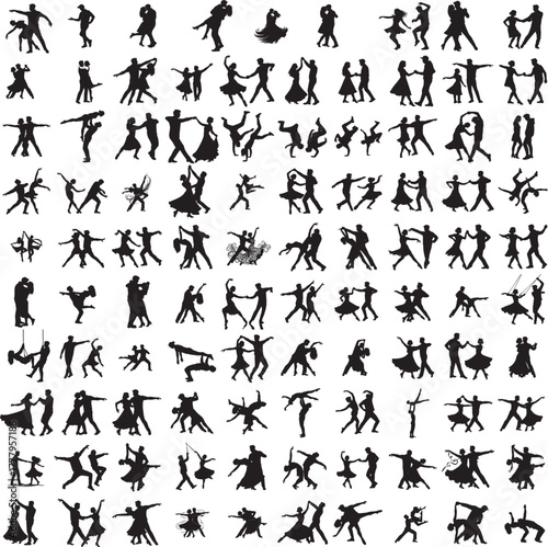 Silhouette of a couple performing contemporary lift dance isolated on white background