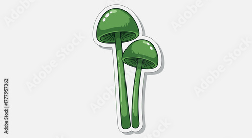 Green mushrooms sticker with cartoon style on white background