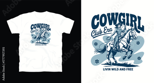 Cowgirl riding horse vector graphic t shirt design with livin wild and free slogan featuring western era inspired artwork perfect for apparel and clothing designs exactly 200 characters