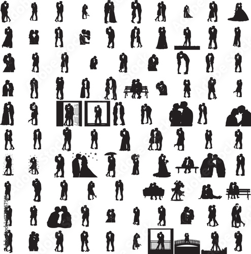 Silhouette of a couple kissing isolated on white background