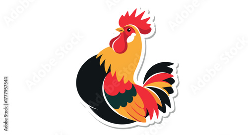 Vibrant rooster art with bold colors and stylized design on white background