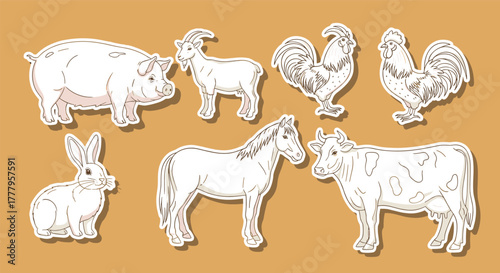 Farm animal stickers handdrawn collection with pig, goat, rooster, rabbit, horse, and cow