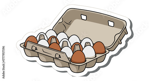 Carton of brown and white eggs in open container with sticker effect