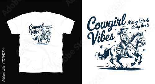 Cowgirl vibes vector design for t shirt print with messy hair and dusty boots on white apparel mockup featuring horse rider silhouette in western wild and free style of rodeo