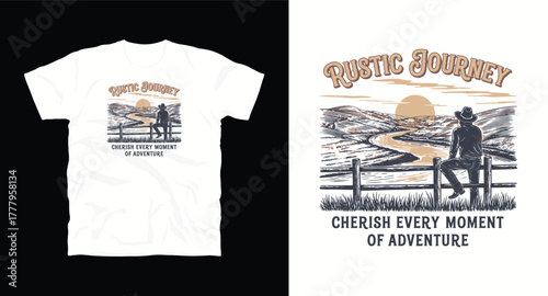 Rustic journey vector t shirt design landscape travel vacation nature graphic adventure outdoor sun river man horizon vintage mountain tourism wanderlust explore inspiration
