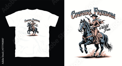 Cowgirl freedom and wild free vector artwork design for t shirt apparel featuring horse rider with gun artwork in vintage style layout on white background design 200 characters