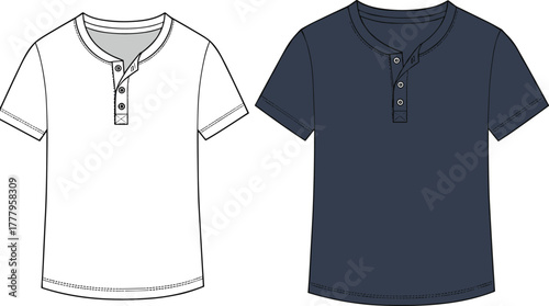 Henley neck t-shirt flat sketch front view, short sleeve fashion design template, casual clothing CAD drawing vector illustration