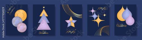 Merry Christmas set blue card, concepts for background, greeting card, party invitation, template, website banner, social media banner, marketing material. Festive Xmas decoration vector 