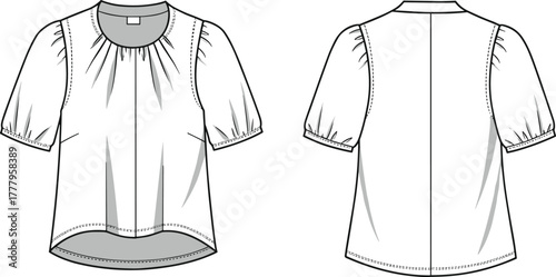 Short puff sleeve blouse technical flat sketch, front and back view fashion CAD design, women’s clothing pattern vector illustration