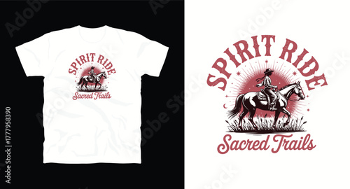 Spirit ride sacred trails vector design featuring woman riding horse in outdoor scene on white background for t shirt apparel in vintage style 200 characters