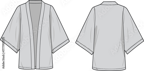 Kimono jacket technical flat sketch, front and back view fashion CAD design, clothing pattern template, garment illustration for designers, apparel vector drawing