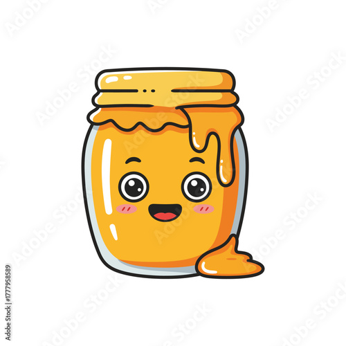 Cute Honey Jar Cartoon Character food sweet illustration kawaii happy face yellow container sweetener dessert adorable clipart