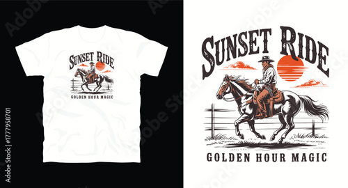 Sunset ride t shirt design with horse and rider golden hour magic wild west illustration for clothing apparel poster sticker and other use vintage vector graphic 200c