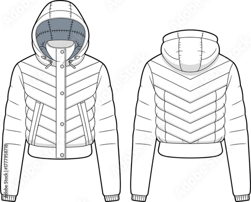 Hooded puffer jacket, chevron quilted design, winter outerwear, technical fashion sketch, front and back view, flat vector illustration