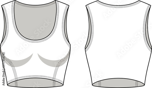 Sleeveless crop top, scoop neckline, fashion sketch, garment design, technical drawing, bust shaping, curved hem, apparel template, vector style, flat illustration