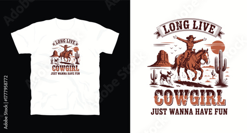 Long live cowgirl t shirt design woman riding horse with dog just wanna have fun wild west adventure illustration for print apparel poster sticker design 200c