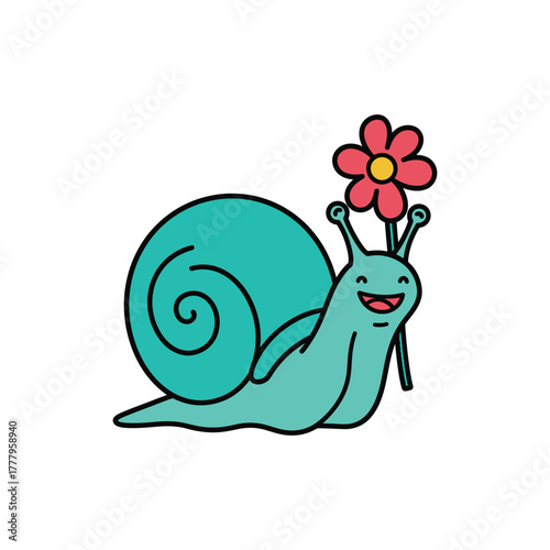 Cute Cartoon Snail with Flower happy illustration animal shell garden nature character vector drawing design isolated graphic