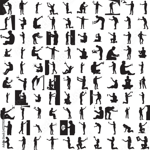 Silhouette of a person turning on light isolated on white background