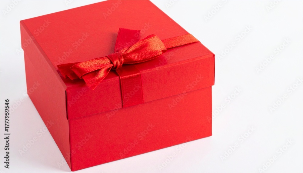 Obraz premium Una caja de regalos cuadrada de color rojo vibrante y saturado, con una textura mate y elegante. La caja está cerrada y envuelta con una cinta de tela del mismo color rojo,