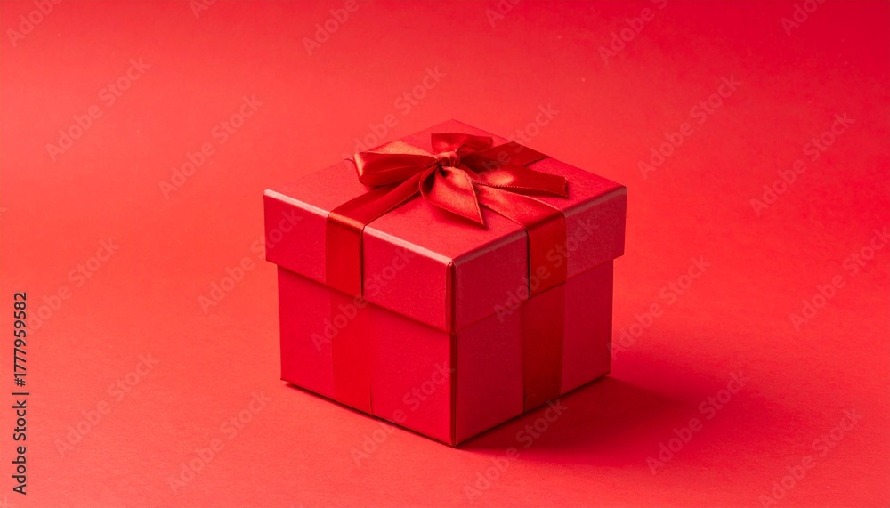Obraz premium Una caja de regalos cuadrada de color rojo vibrante y saturado, con una textura mate y elegante. La caja está cerrada y envuelta con una cinta de tela del mismo color rojo,