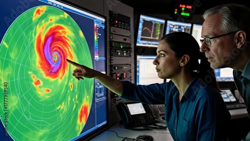 Woman and man meteorologists analyzing hurricane storm radar on a monitor, climate change and weather forecasting footage