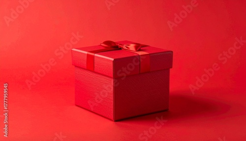 Una caja de regalos cuadrada de color rojo vibrante y saturado, con una textura mate y elegante. La caja está cerrada y envuelta con una cinta de tela del mismo color rojo,