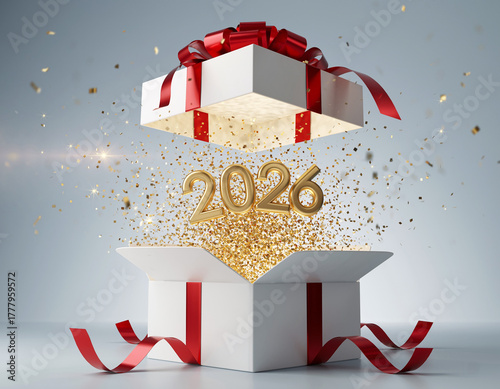 Una caja de regalos cuadrada de color blanco puro y mate, con cintas de raso rojas vibrantes y satinadas, con el texto 