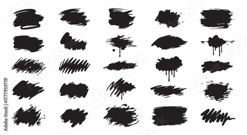 Set of abstract black grunge brush strokes and expressive ink smears collection of various painted textures hand drawn scribbles and rough paint marks for artistic design and distress overlays