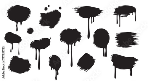 Collection of various black dripping paint blotches and abstract liquid ink splashes with thick dark stains and messy grunge smudges ideal for creating urban graffiti or distressed textured background