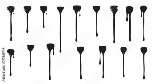 Set of black dripping paint elements flowing down isolated on white background collection of liquid ink blots streaks and thick drops graphic design objects for grunge or graffiti style artwork