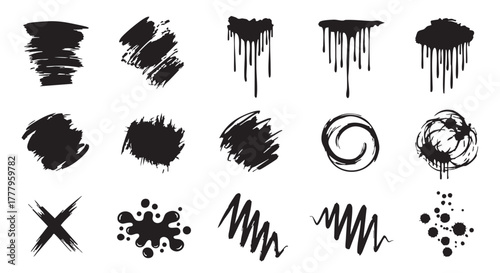 Set of black hand drawn brush strokes ink blots paint splashes and messy scribbles collection of abstract grunge elements artistic shapes for dirty texture or graphic design backgrounds