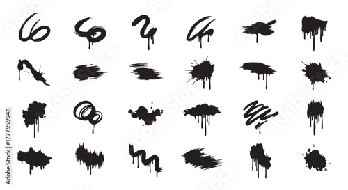 Chaotic graffiti scribbles spirals and abstract ink splatters vector collection featuring wavy brush strokes liquid paint drips messy grunge blobs and irregular textures perfect for background pattern