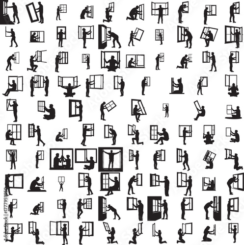 Silhouette of a person closing window isolated on white backgroundSilhouette of a person closing window isolated on white background