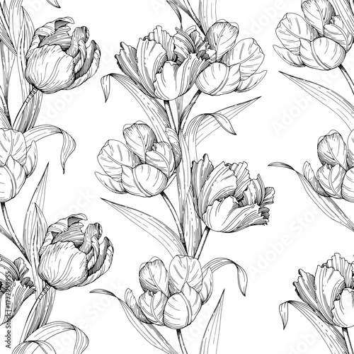Seamless pattern of tulips. Handmade ink vector illustration of tulip. For design of cards, cover, prints, product labels and fabric.