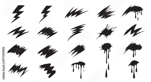 Jagged distress scratch marks and dynamic lightning bolt symbols vector collection featuring aggressive grunge textures ink splatters and dripping paint effects ideal for edgy graphic design streetwea