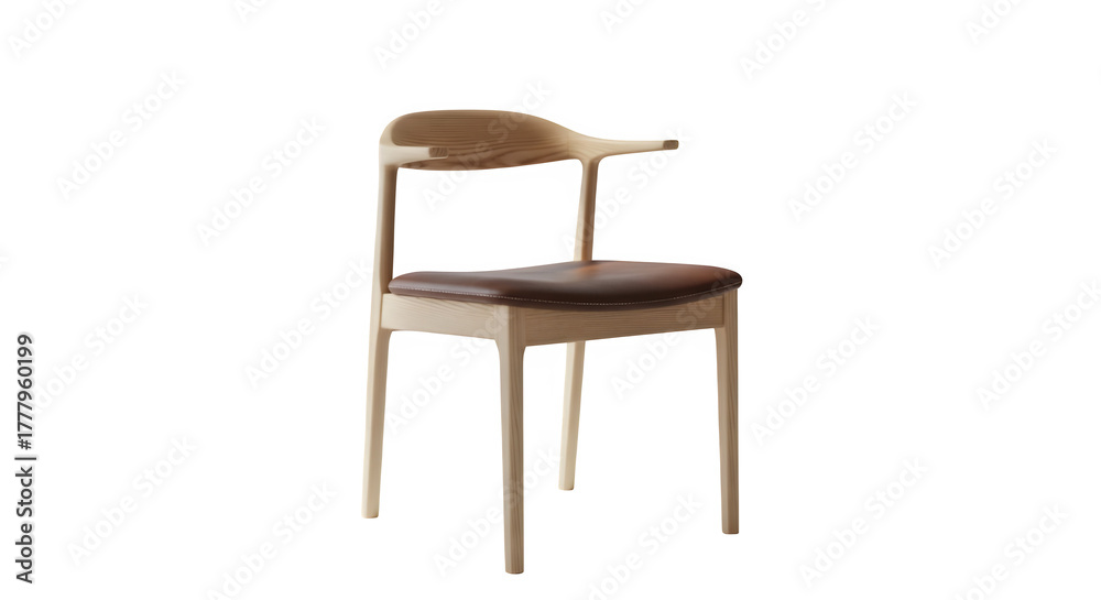 Fototapeta premium Elegant wooden chair with leather seat isolated on transparent background for modern interiors