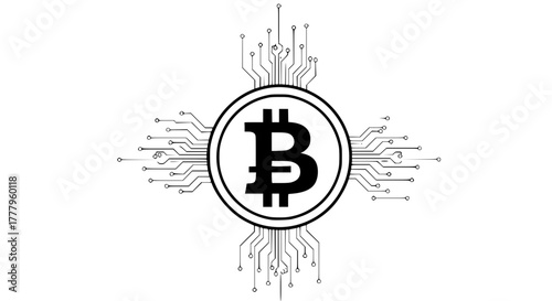 Vector illustration of Bitcoin symbol ₿ with digital circuit lines, minimal design in black and white