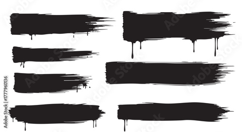 Wide horizontal grunge brush stroke banners vector collection featuring black spray paint texture bold distressed lines and prominent liquid dripping effects isolated elements suitable for background 