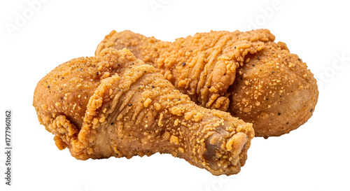 Two crispy fried chicken drumsticks, golden brown and seasoned isolated on transparent background