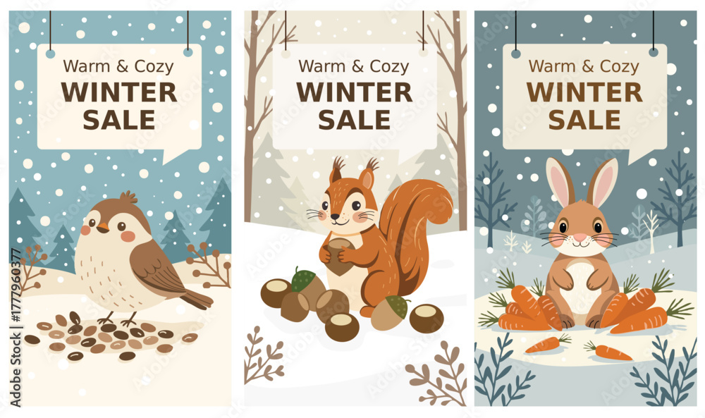 Fototapeta premium Cute winter sale banners with bird, squirrel and bunny in snowy forest. Warm and cozy vertical mobile backgrounds for seasonal ads and Christmas offers.