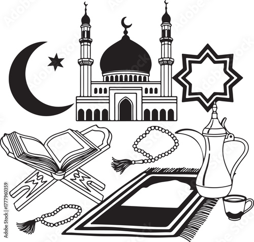 Islamic icons illustration set for Ramadan or Eid greeting cards