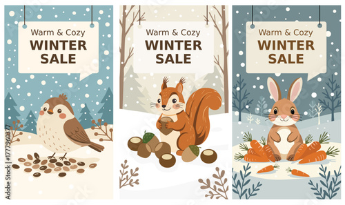 Cute winter sale banners with bird, squirrel and bunny in snowy forest. Warm and cozy vertical mobile backgrounds for seasonal ads and Christmas offers.