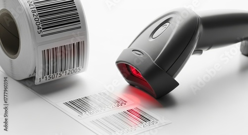 Barcode scanner detecting labels on white background  