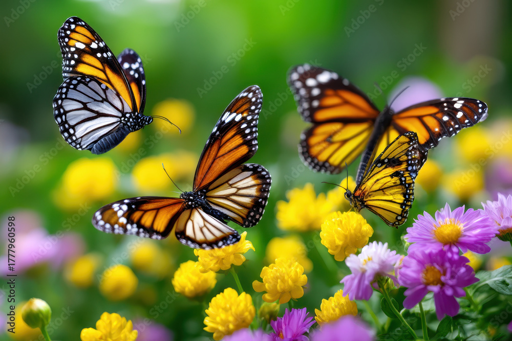 Naklejka premium Vibrant monarch butterflies flying over colorful flowers in a lush garden